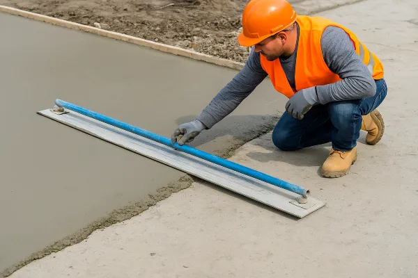 a male worker smoothing a fresh concrete slab from San Antonio Concrete Master in Boerne, TX - Boerne TX