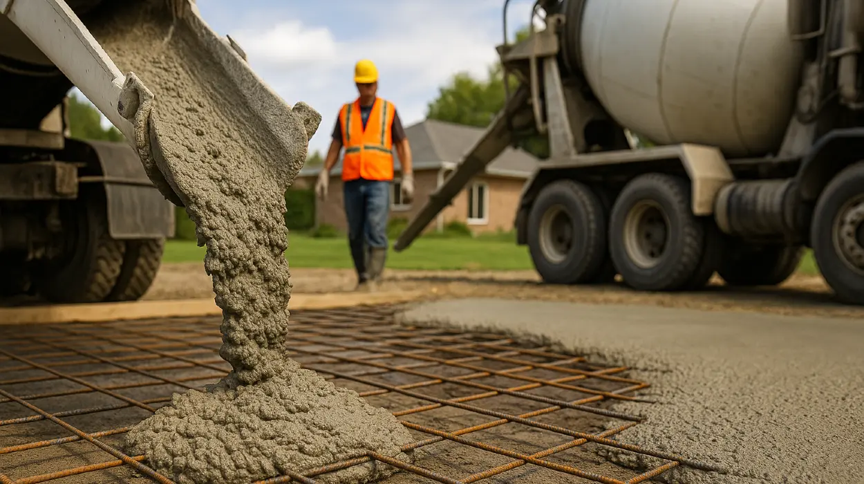 Cement truck pouring cement on a rebared ground from San Antonio Concrete Master in San Antonio, TX - concrete contractor near me