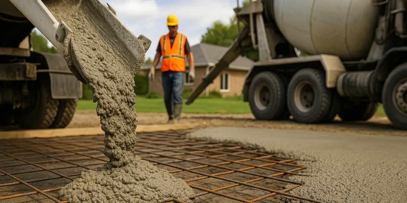 Cement truck pouring cement on a rebared ground from San Antonio Concrete Master in San Antonio, TX - concrete contractor near me
