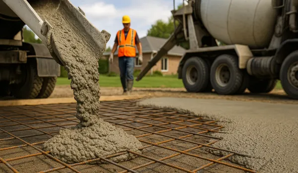Cement truck pouring cement on a rebared ground from San Antonio Concrete Master in San Antonio, TX - concrete contractor near me