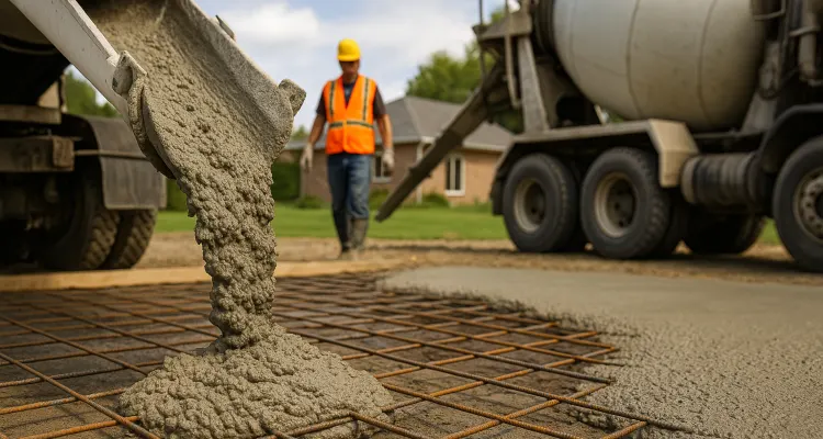Cement truck pouring cement on a rebared ground from San Antonio Concrete Master in San Antonio, TX - concrete contractor near me