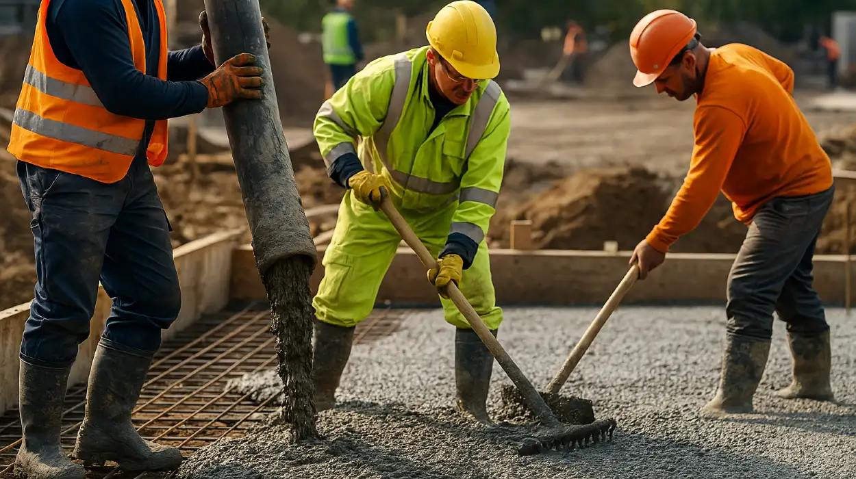 3 concrete contractors spreading concrete on the ground from San Antonio Concrete Master in San Antonio, TX 