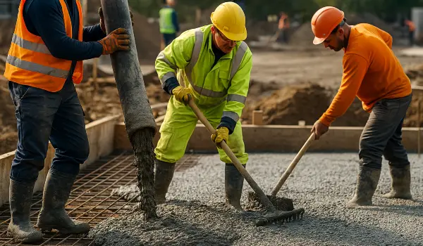 3 concrete contractors spreading concrete on the ground from San Antonio Concrete Master in San Antonio, TX 