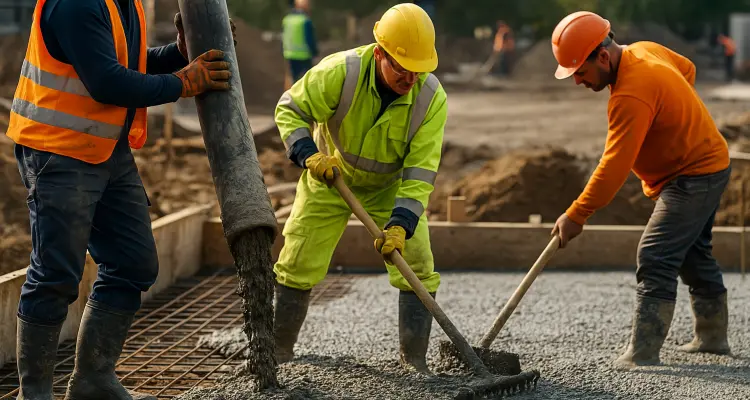 3 concrete contractors spreading concrete on the ground from San Antonio Concrete Master in San Antonio, TX 