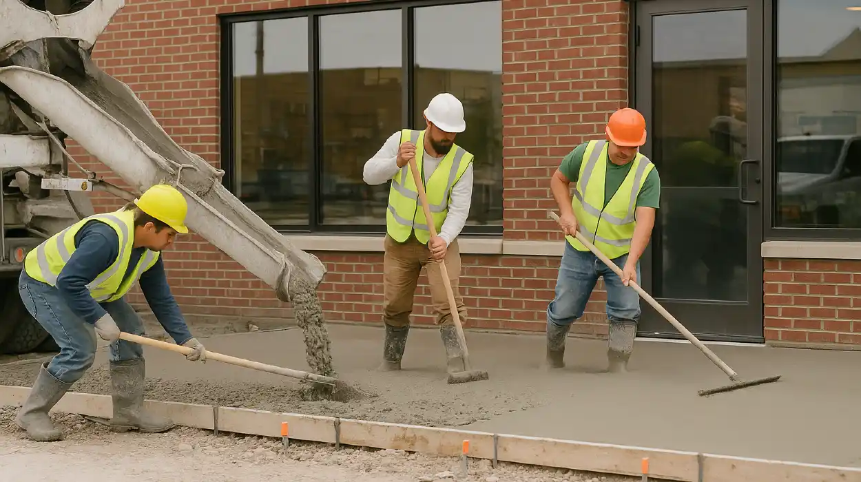 3 concrete contractors spreading concrete on the ground for a sidewalk from San Antonio Concrete Master in San Antonio, TX - concrete driveway installation