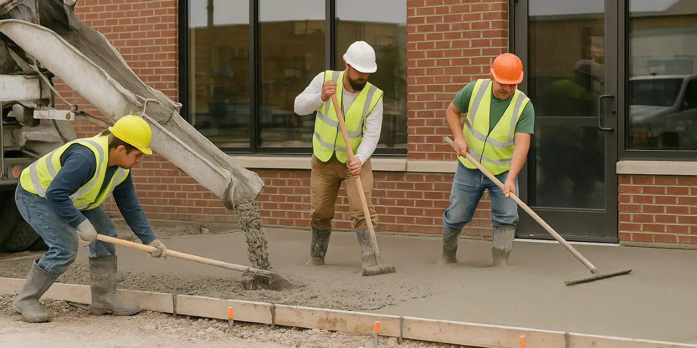3 concrete contractors spreading concrete on the ground for a sidewalk from San Antonio Concrete Master in San Antonio, TX - concrete driveway installation