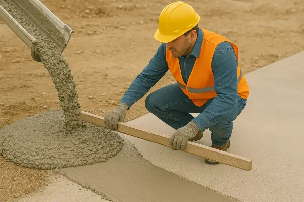 a concrete worker using a piece of wood to spread fresh cement for a sidewalk from San Antonio Concrete Master in San Antonio, TX - concrete driveway installation