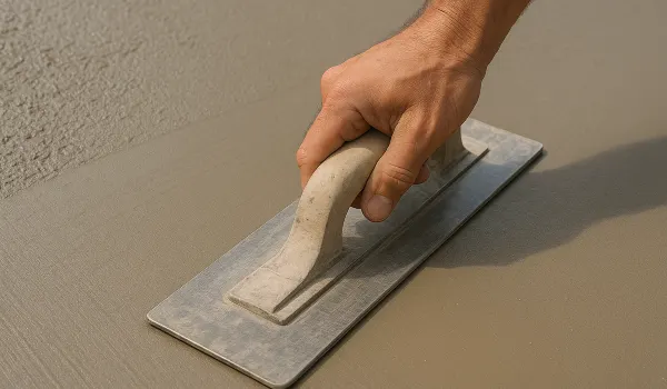a hand trowel being used on a fresh cement slab to smooth it from San Antonio Concrete Master in San Antonio, TX - concrete footing contractors