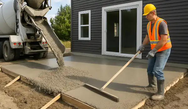 a man spreading the cement a truck is pouring to build a patio from San Antonio Concrete Master in San Antonio, TX - concrete patio contractors