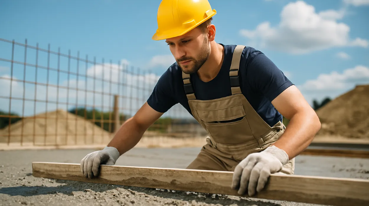 a male concrete worker spreading fresh cement on rebared ground from San Antonio Concrete Master in San Antonio, TX - concrete slab contractors
