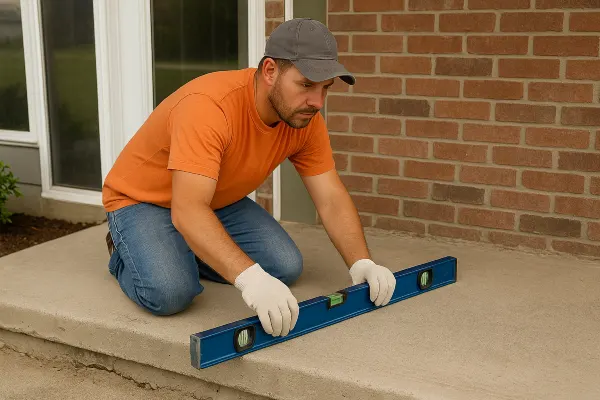 a male worker leveling a concrete slab porch from San Antonio Concrete Master in San Antonio, TX - concrete work san antonio