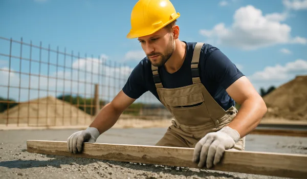 a male concrete worker spreading fresh cement on rebared ground from San Antonio Concrete Master in Schertz, TX - Schertz TX